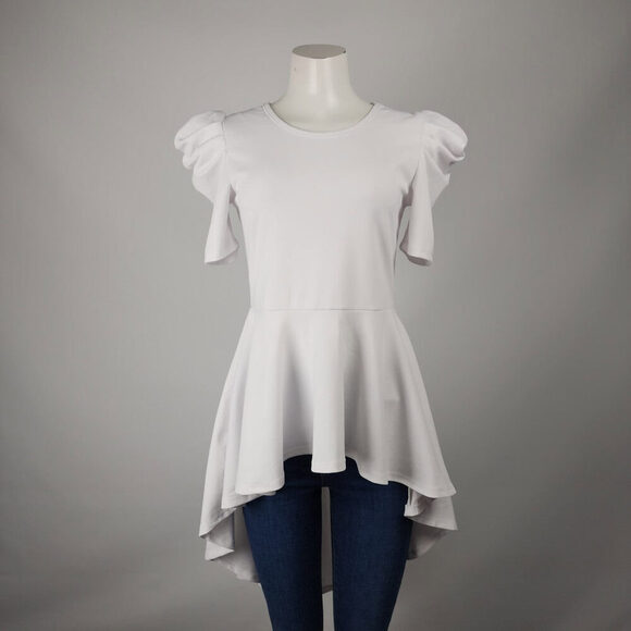 Revamped White Puff Sleeve High Low Top Size M - Picture 1 of 9